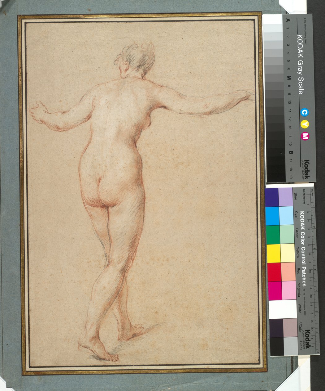 Pysyvä nainen alaston takaa katsottuna, n. 1722 (punainen, mustavalkoinen liitu paperille) tekijältä François Lemoyne