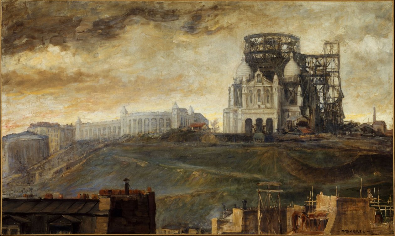 Butte Montmartre ja Sacré-Coeur rakenteilla, n. 1890 (öljy kankaalle) tekijältä François Marius Borrel