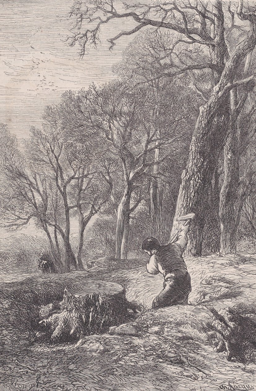 Talvikohtaus: kannonvetäjä, Magasin Pittoresquesta, n. 1852. tekijältä François Rouget
