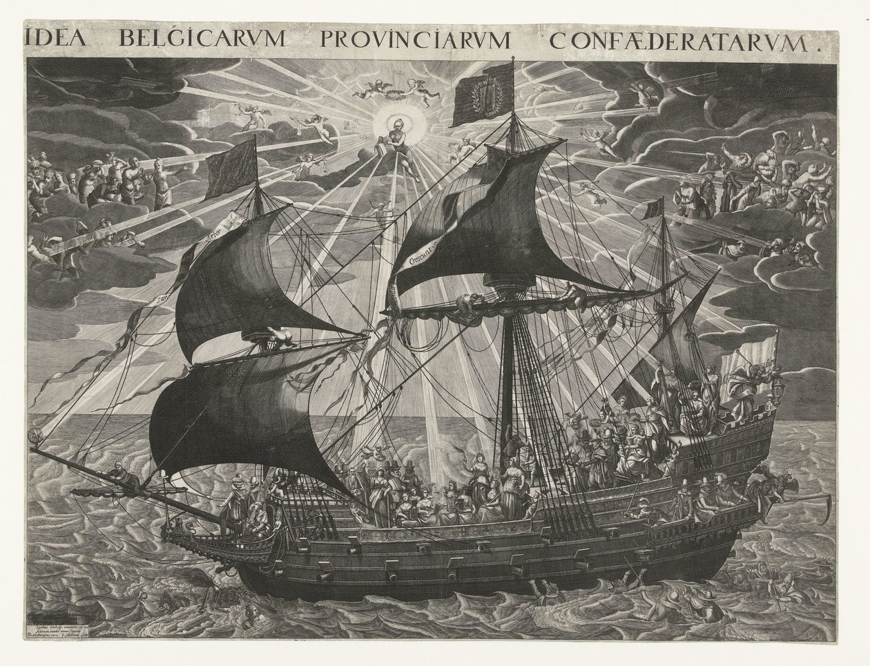 Valtion laiva, 1620 Allegoria maan onnellisesta tilasta Dordrechtin synodin jälkeen Idea Belgicarum Provinciarum Confaederatarum (otsikko esineessä) tekijältä François Schillemans