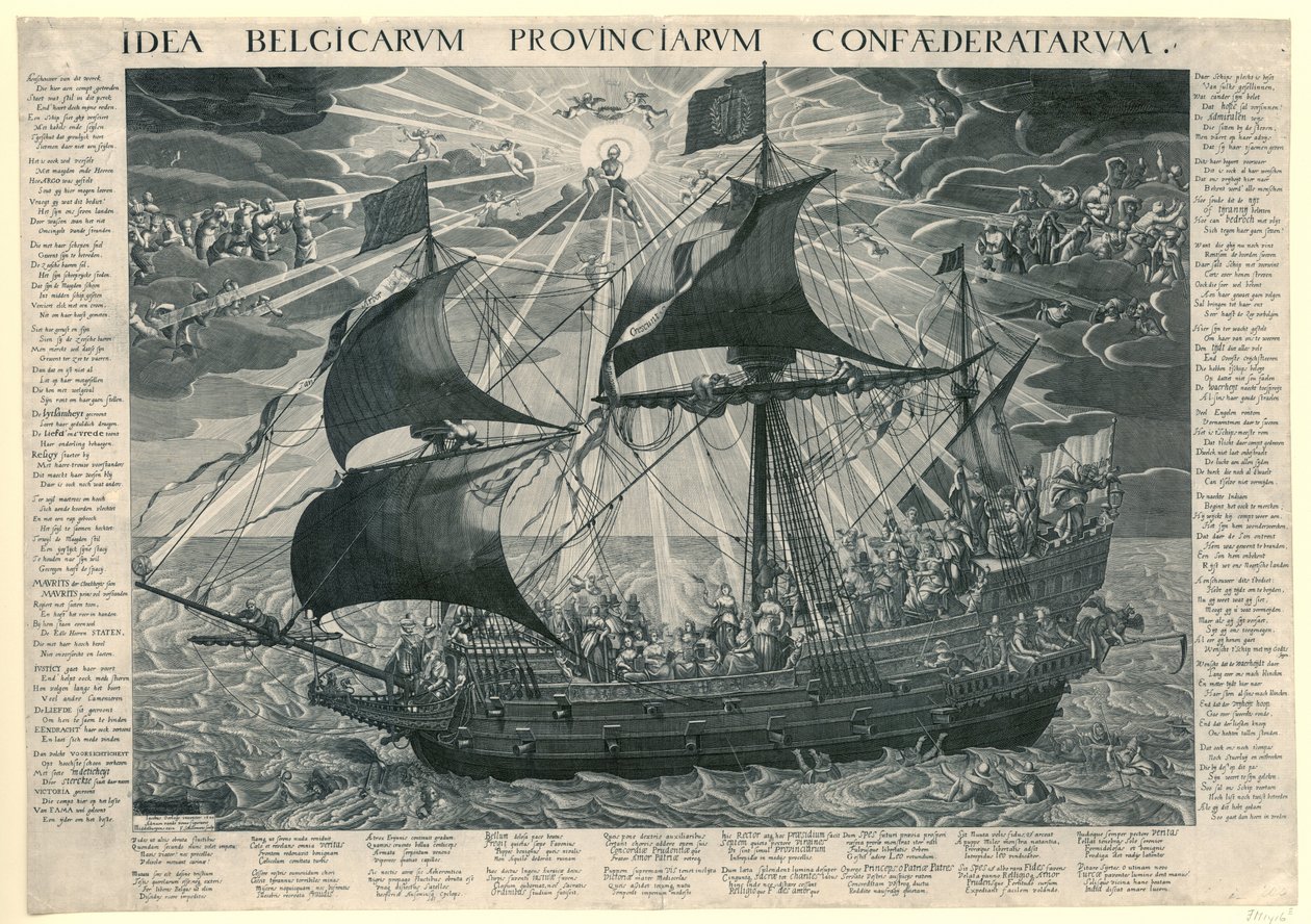 Valtion laiva, 1620 Allegoria maan onnellisesta tilasta Dordrechtin synodin jälkeen Idea Belgicarum Provinciarum Confaederatarum (otsikko esineessä) tekijältä François Schillemans