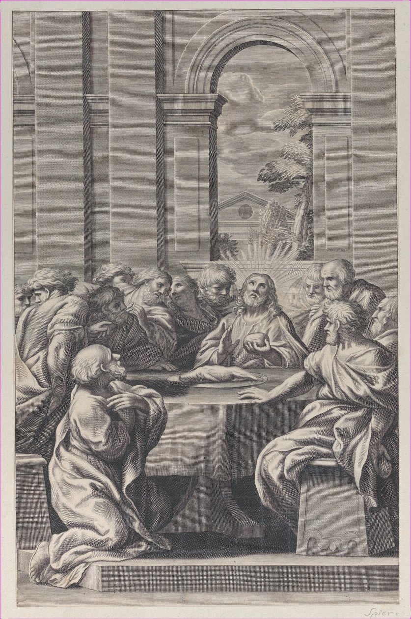 Viimeinen ehtoollinen, klassisen rakennuksen sisätilat, jossa on Kristus ja hänen apostoliensa istuin..., 1660-81. tekijältä François Spierre