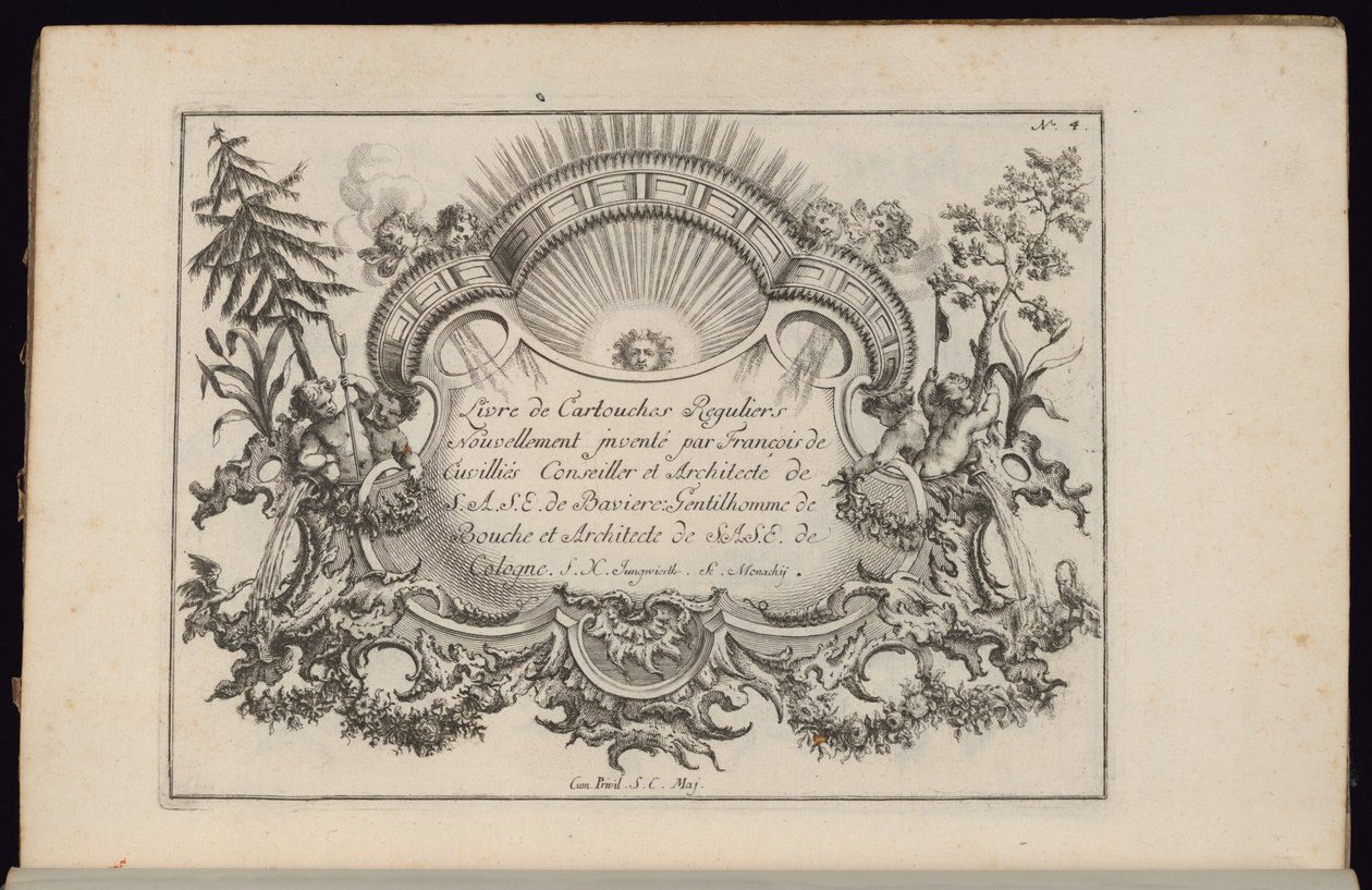 Cartouche auringon ja neljän tuulen kanssa, Livre de Cartouches Reguliers (Tavallisten Cartouchesien kirja) tekijältä François de Cuvilliés the Elder