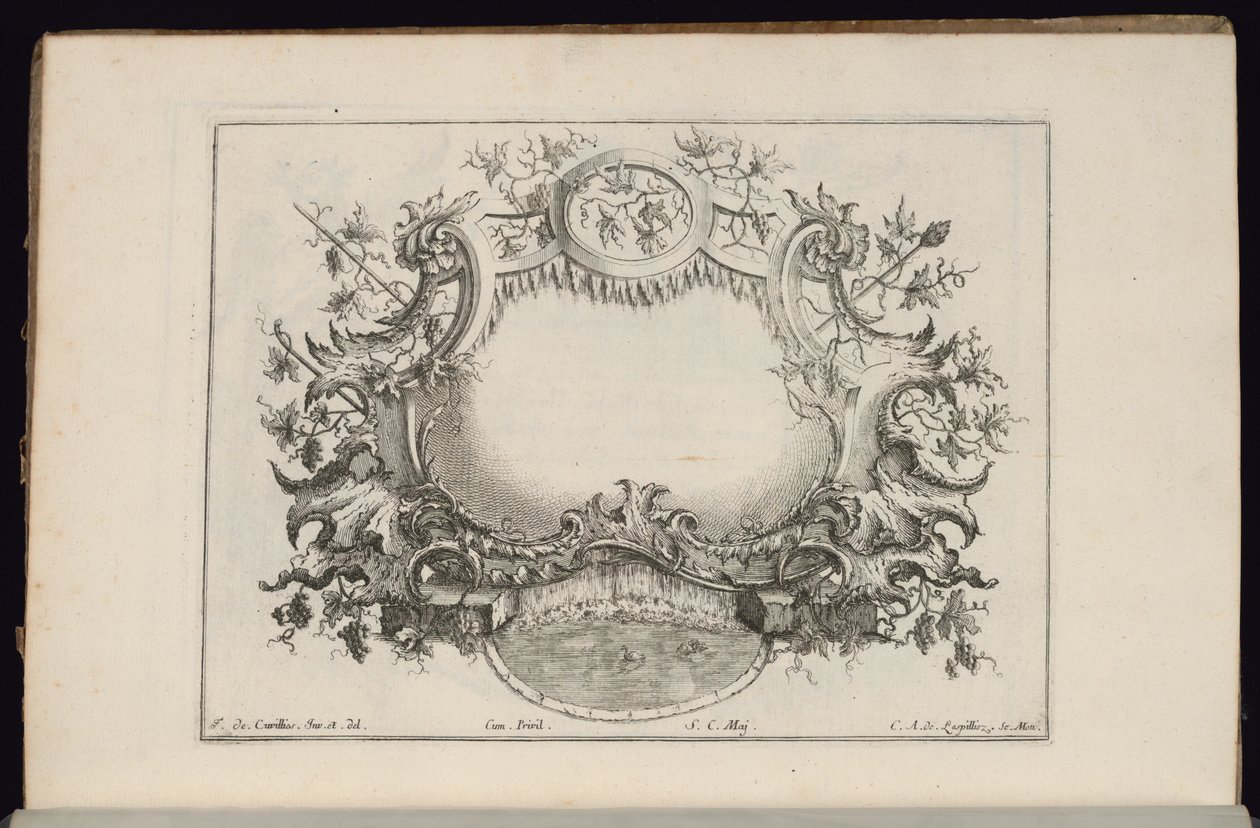 Cartouche viininlehtien ja rypäleiden kanssa, Livre de Cartouches Reguliers (Tavallisten Cartouchesien kirja) tekijältä François de Cuvilliés the Elder