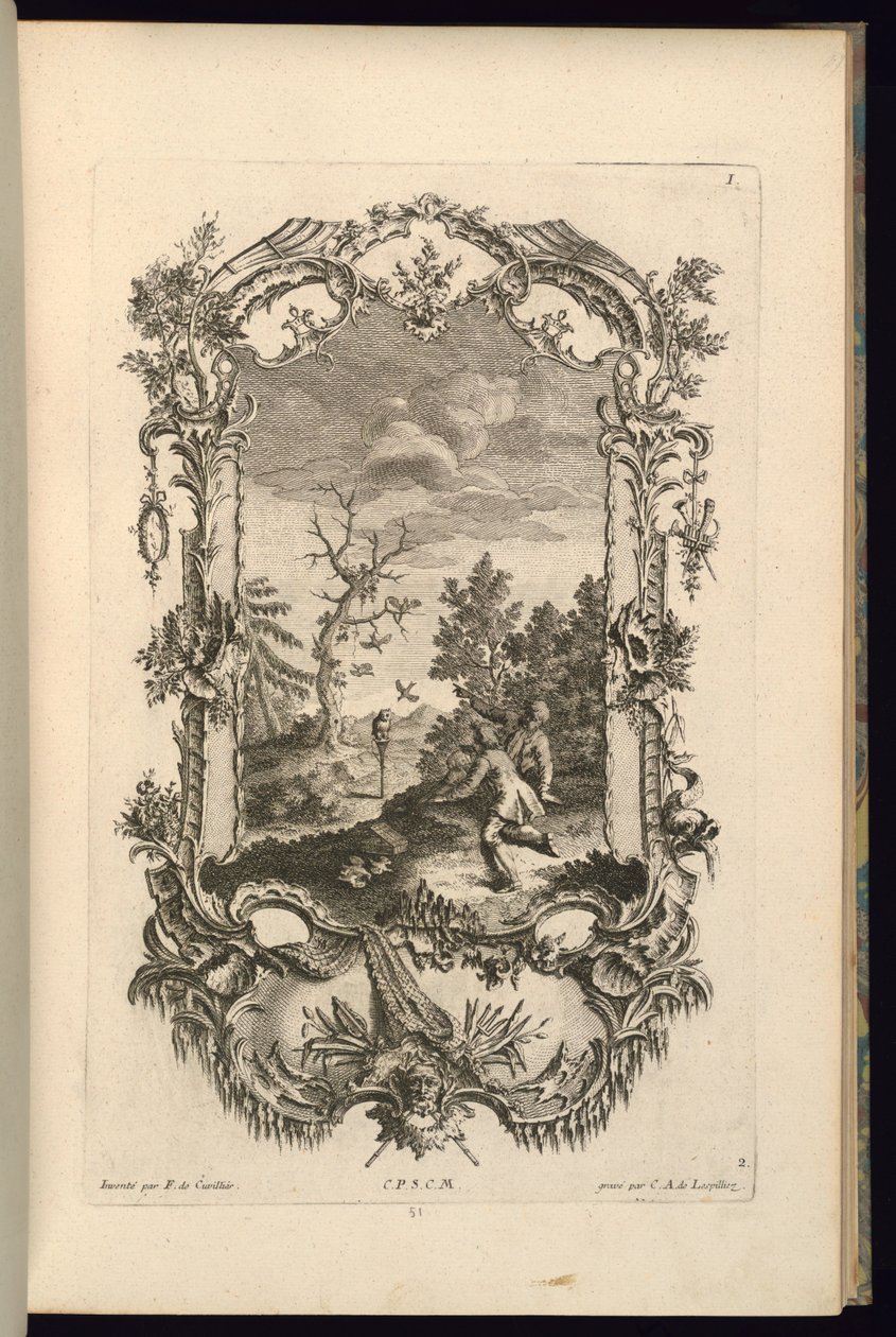 Suunnittelu Cartouchelle, jossa on isot ja pienet lokerot tekijältä François de Cuvilliés the Elder
