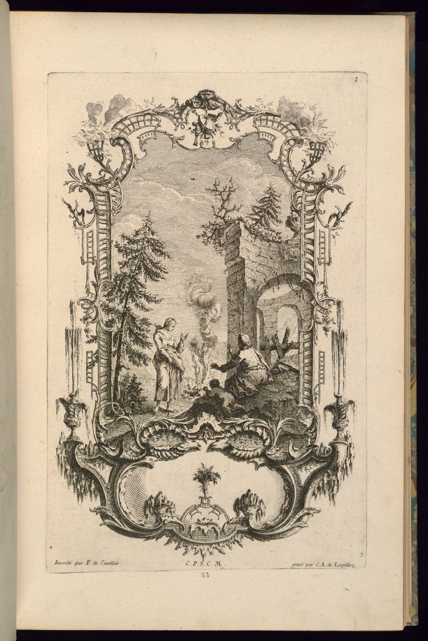 Suunnittelu Cartouchelle, jossa on isot ja pienet lokerot tekijältä François de Cuvilliés the Elder