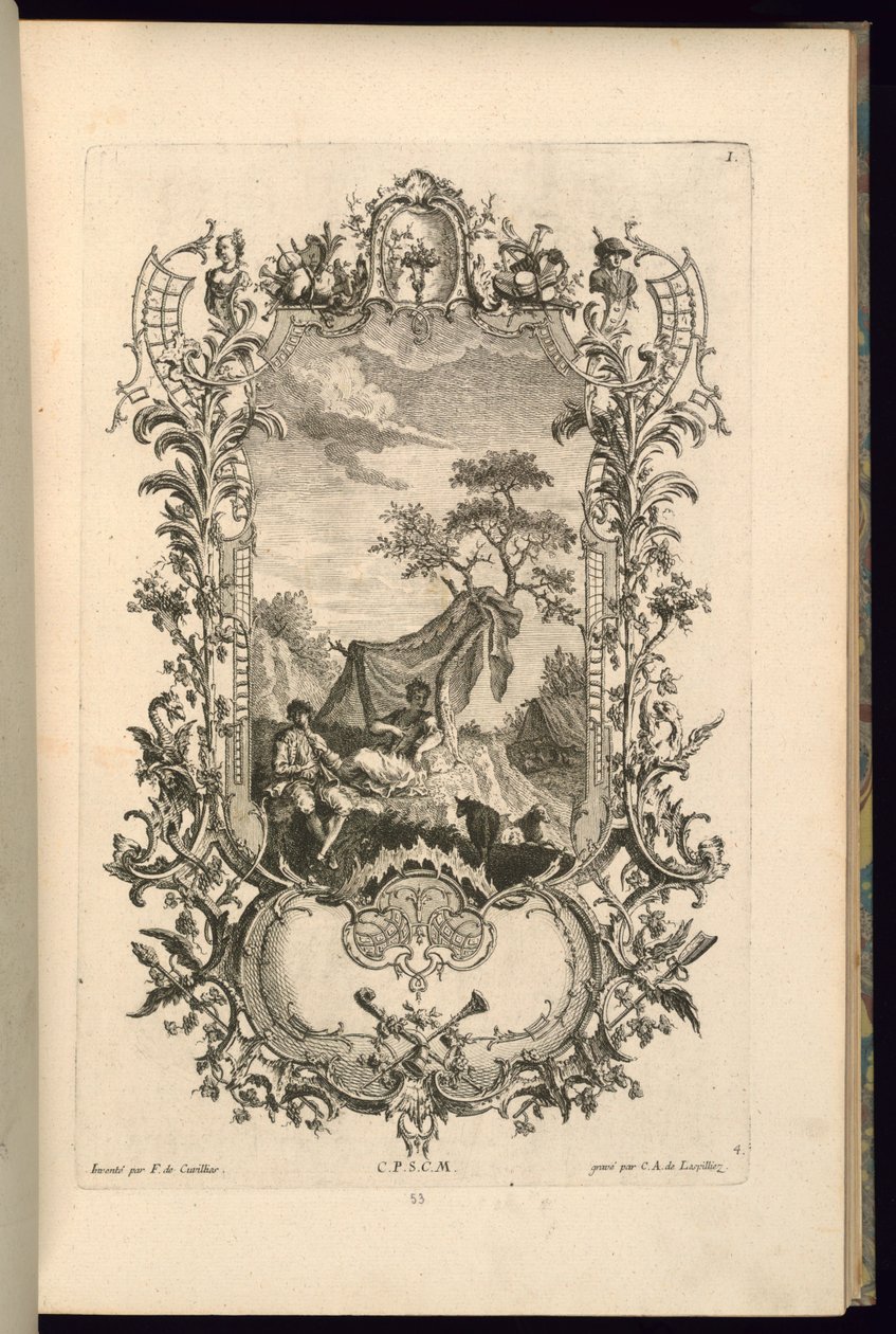 Suunnittelu Cartouchelle, jossa on isot ja pienet lokerot tekijältä François de Cuvilliés the Elder