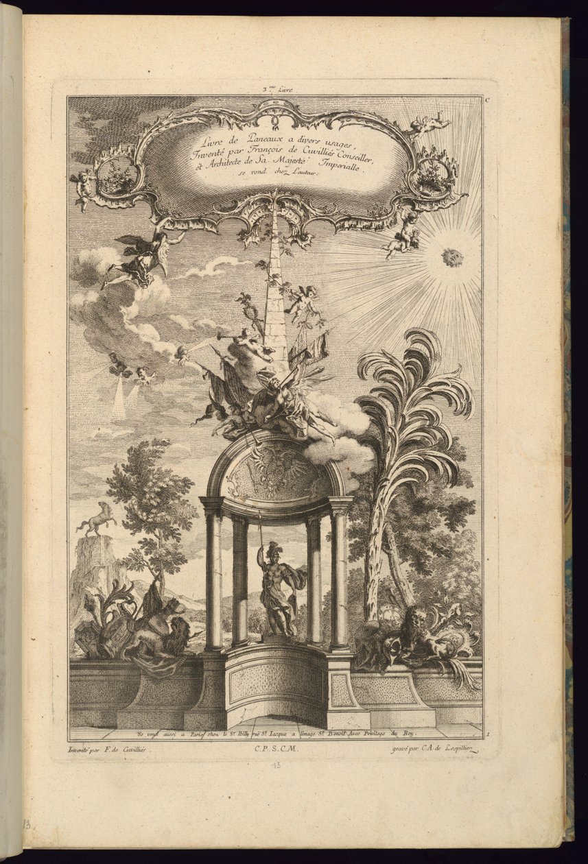Suunnittelu paneeleille, joissa on Tempietto Minervan kanssa, jonka kruunaa obeliski ja voitto tekijältä François de Cuvilliés the Elder