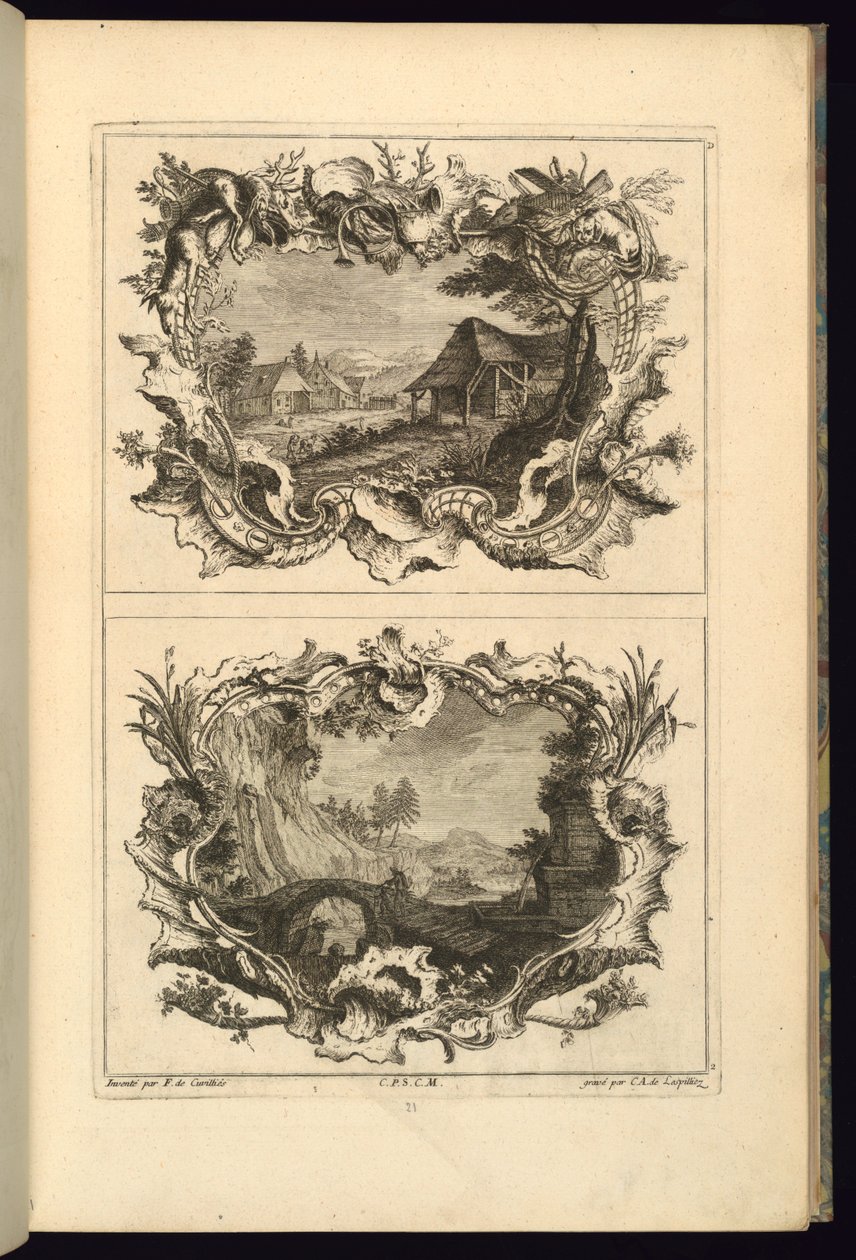 Suunnittelu kahdelle cartouchille tekijältä François de Cuvilliés the Elder