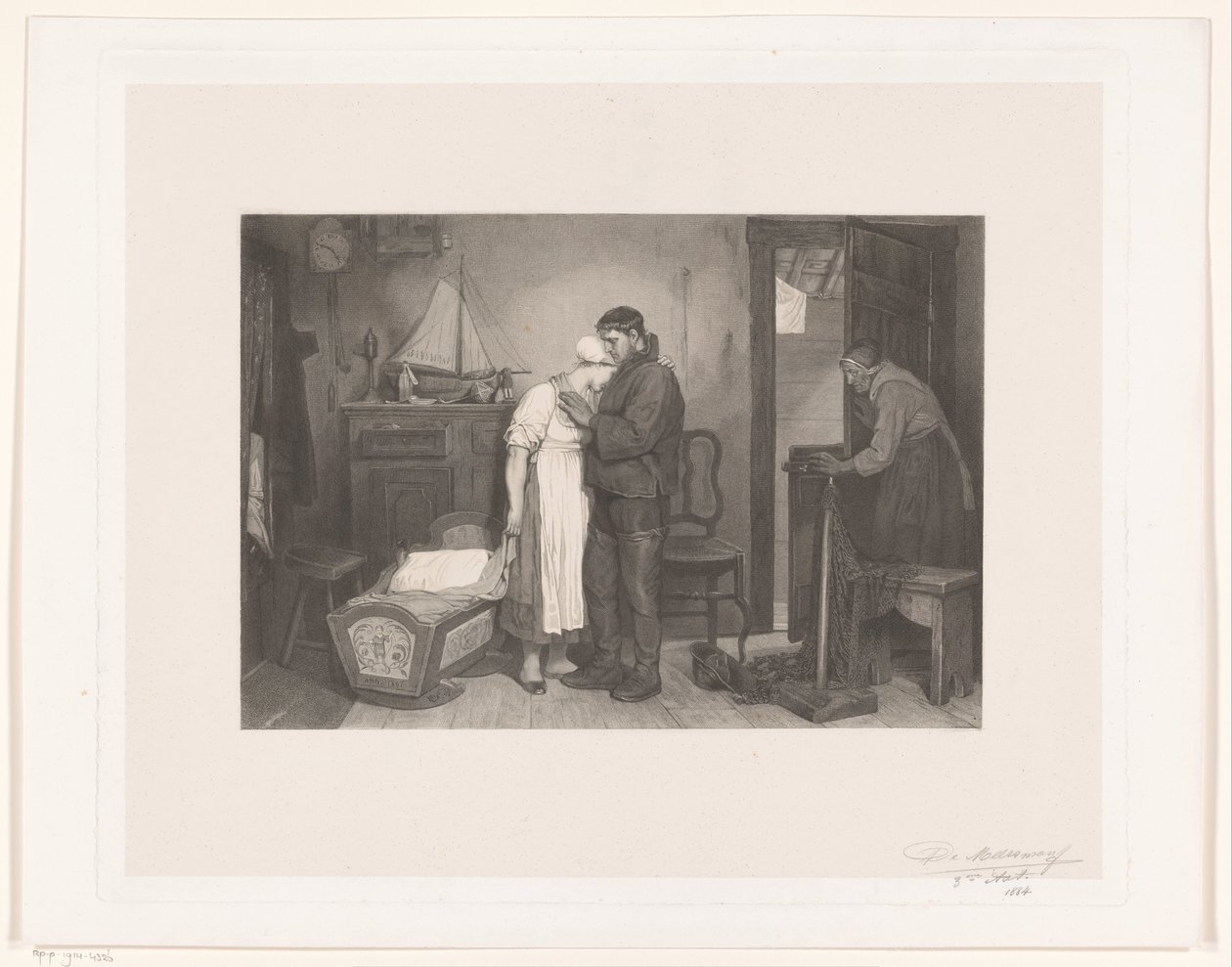 Visser Interior surullisen pariskunnan kanssa tyhjässä pinnasängyssä tekijältä François de Meersman (signed by artist)