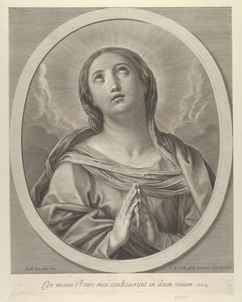 Neitsyt rukouksessa, katsoen ylös pilvet takanaan, soikeassa kehyksessä, Renin perässä, ..., 1648-81. tekijältä François de Poilly