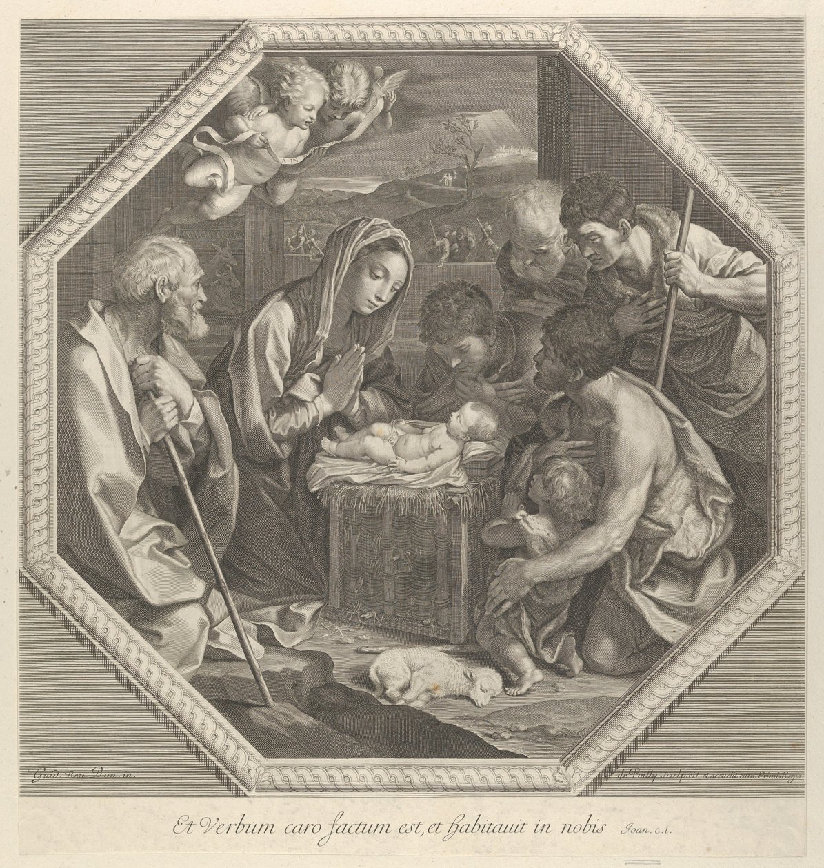 Paimenten palvonta, jotka polvistuvat yhdessä aivan lapsen Kristuksen edessä..., n. 1655-93. tekijältä François de Poilly