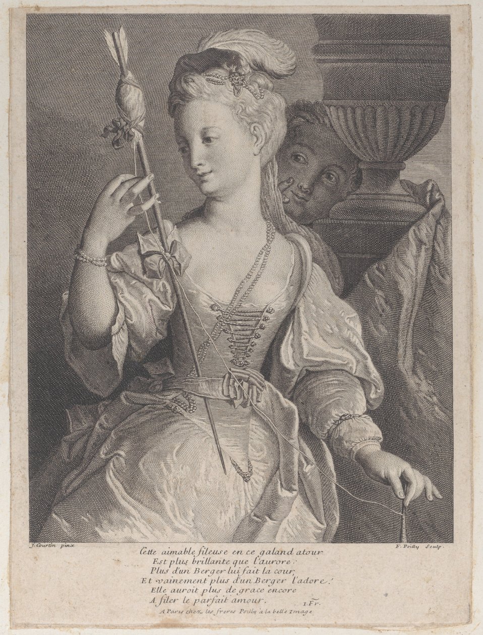 Nuori nainen kehrää lankaa nuolelle, 1686-1741. tekijältä François de Poilly