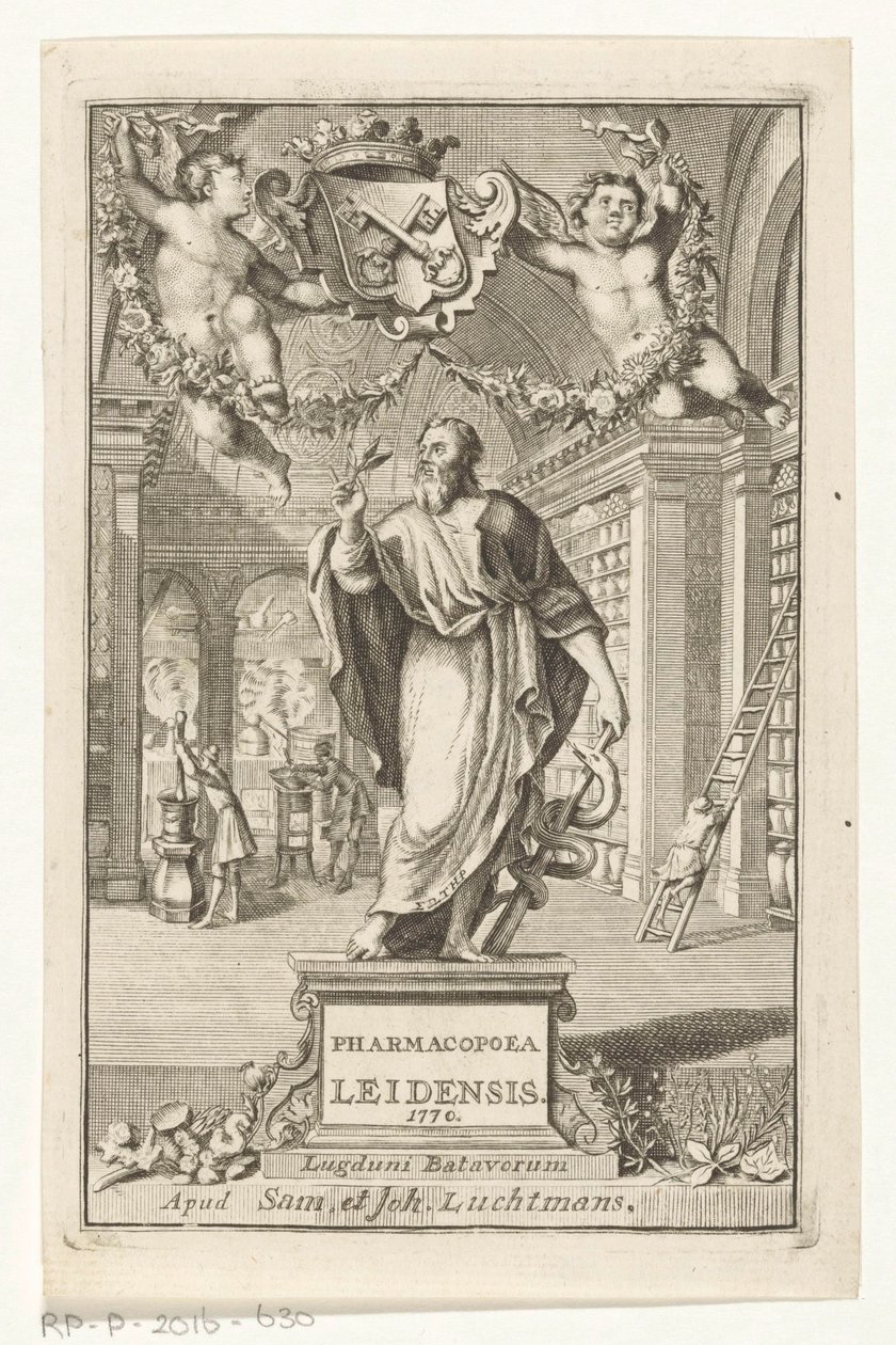 Asklepios Titelpagina voor: S.n., Pharmacopoeia Leiden, suurimpien tuomareiden viranomaisen perustama, 1770 tekijältä François van Bleyswijck