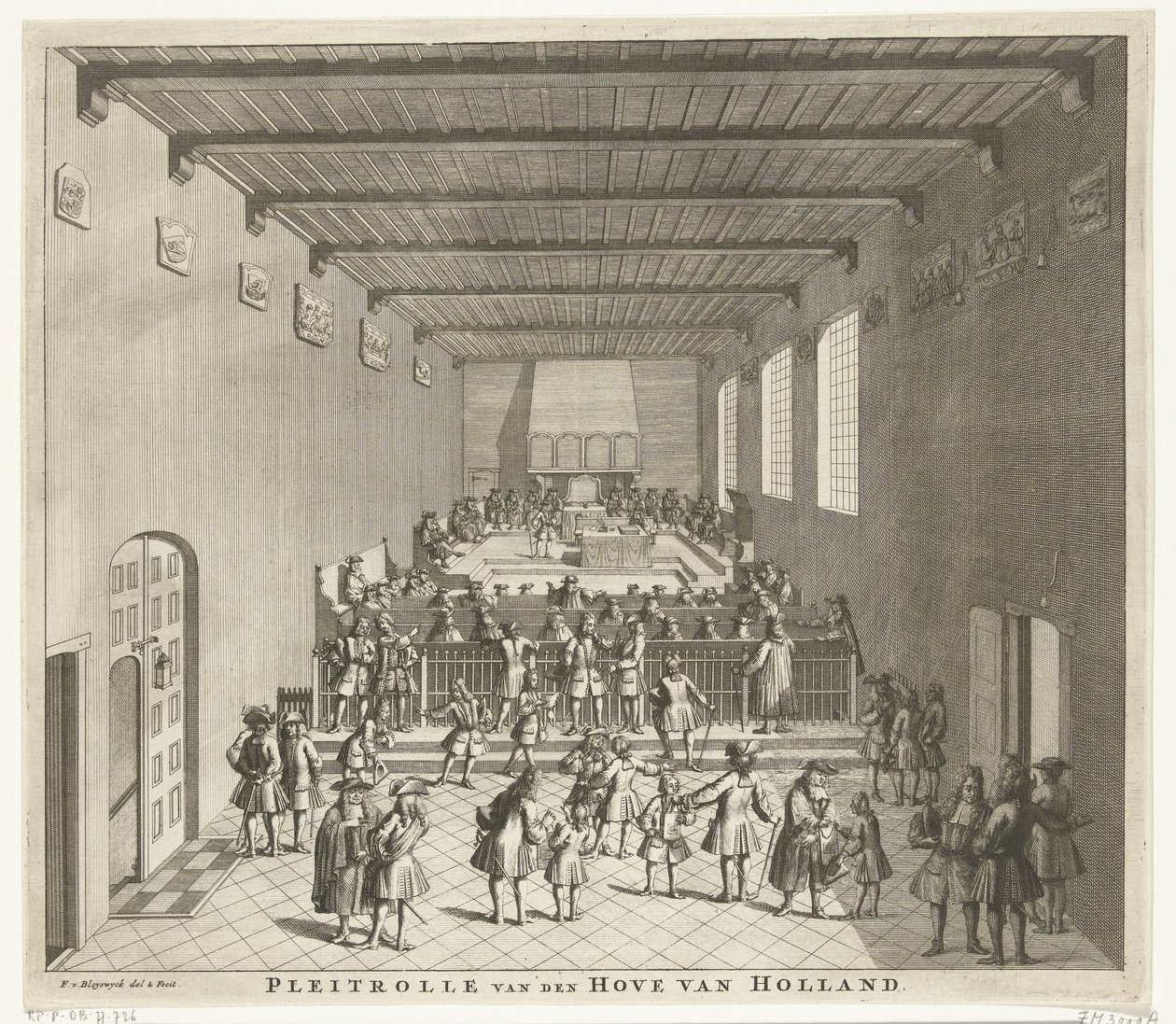 Hollannin tuomioistuimen istunto, noin 1700 Pleitrolle van den Hove van Holland (otsikko esineessä) tekijältä François van Bleyswijck