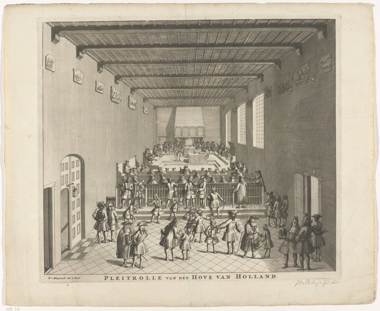 Hollannin tuomioistuimen istunto, noin 1700 Hollannin Pleitrolle van den Hove (otsikko esineessä) tekijältä François van Bleyswijck