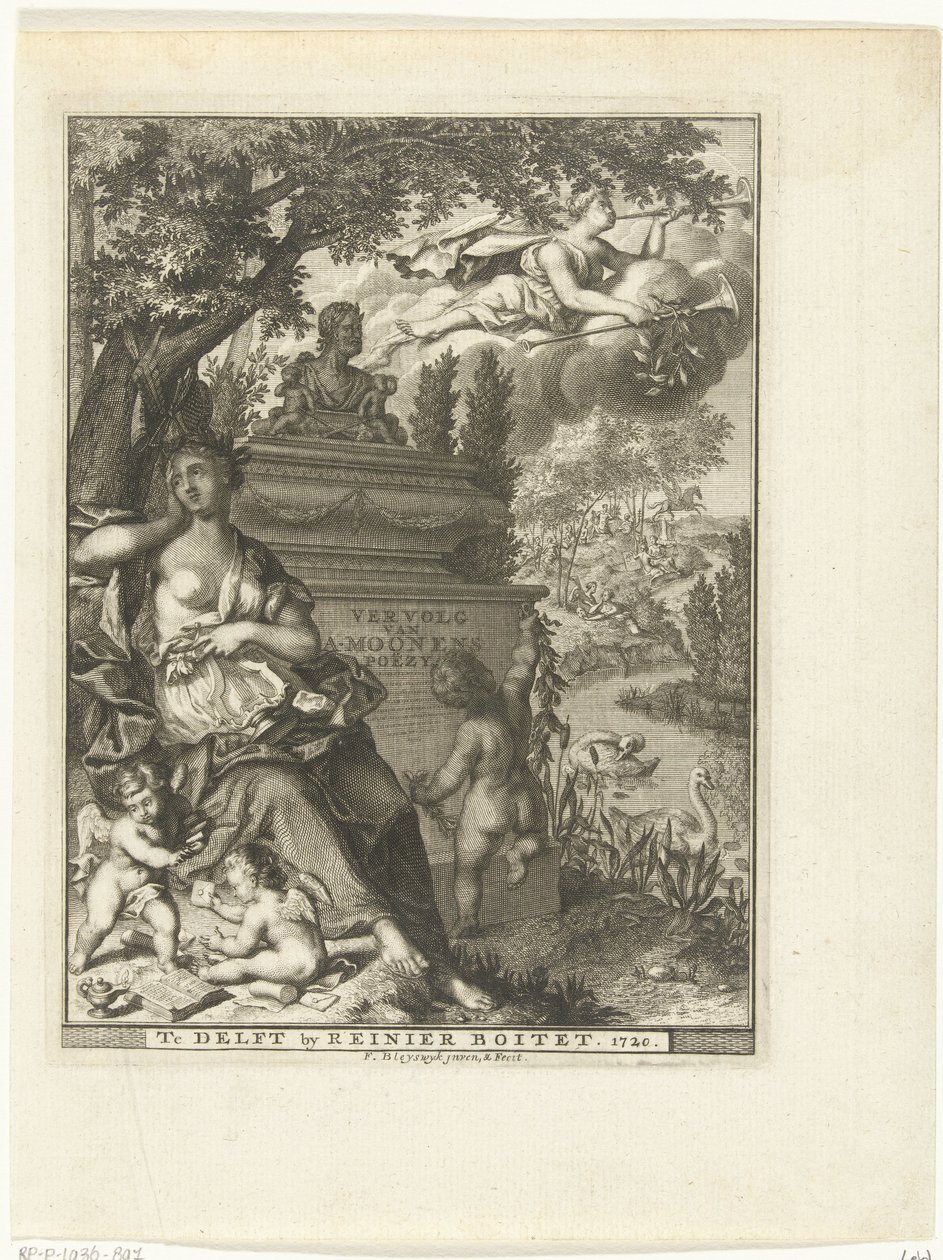 Muusa ja putti istuvat runoilija Arnold Moosen haudalla Nimisivu kohteelle: Arnold Moonen, Continued der poëzye, Delft 1720 Jatkoa A. Moonens Poezylle (otsikko esineessä) tekijältä François van Bleyswijck