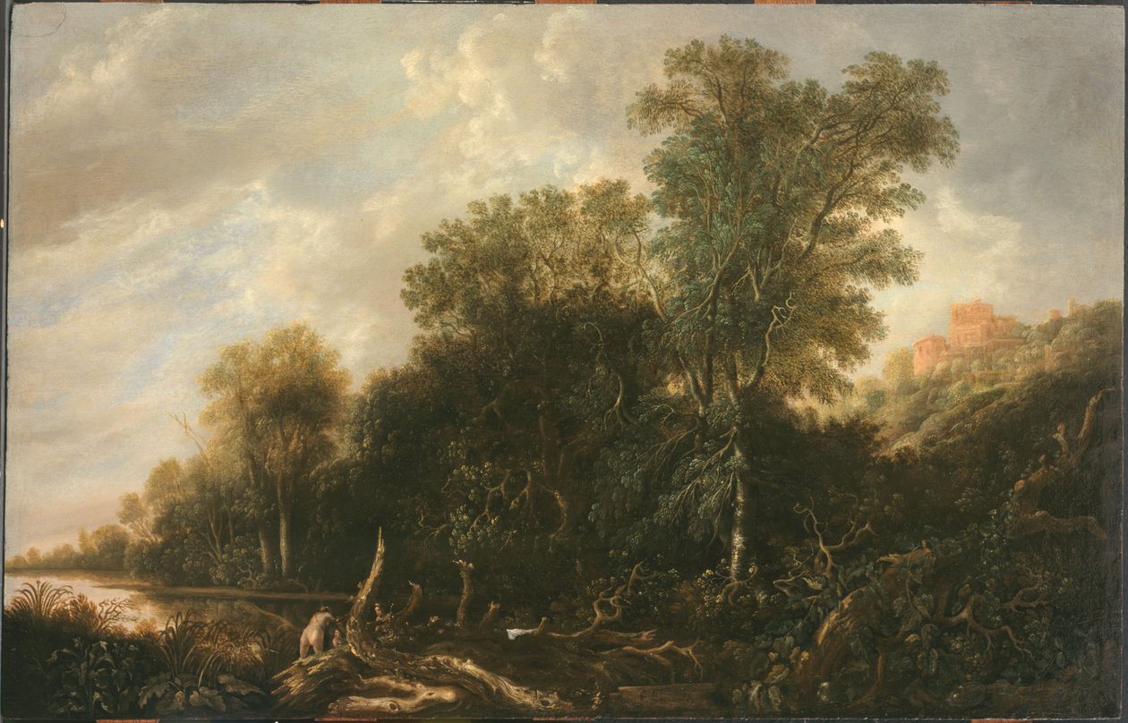 Metsäinen maisema, jossa naiset uivat tekijältä François van Knibbergen