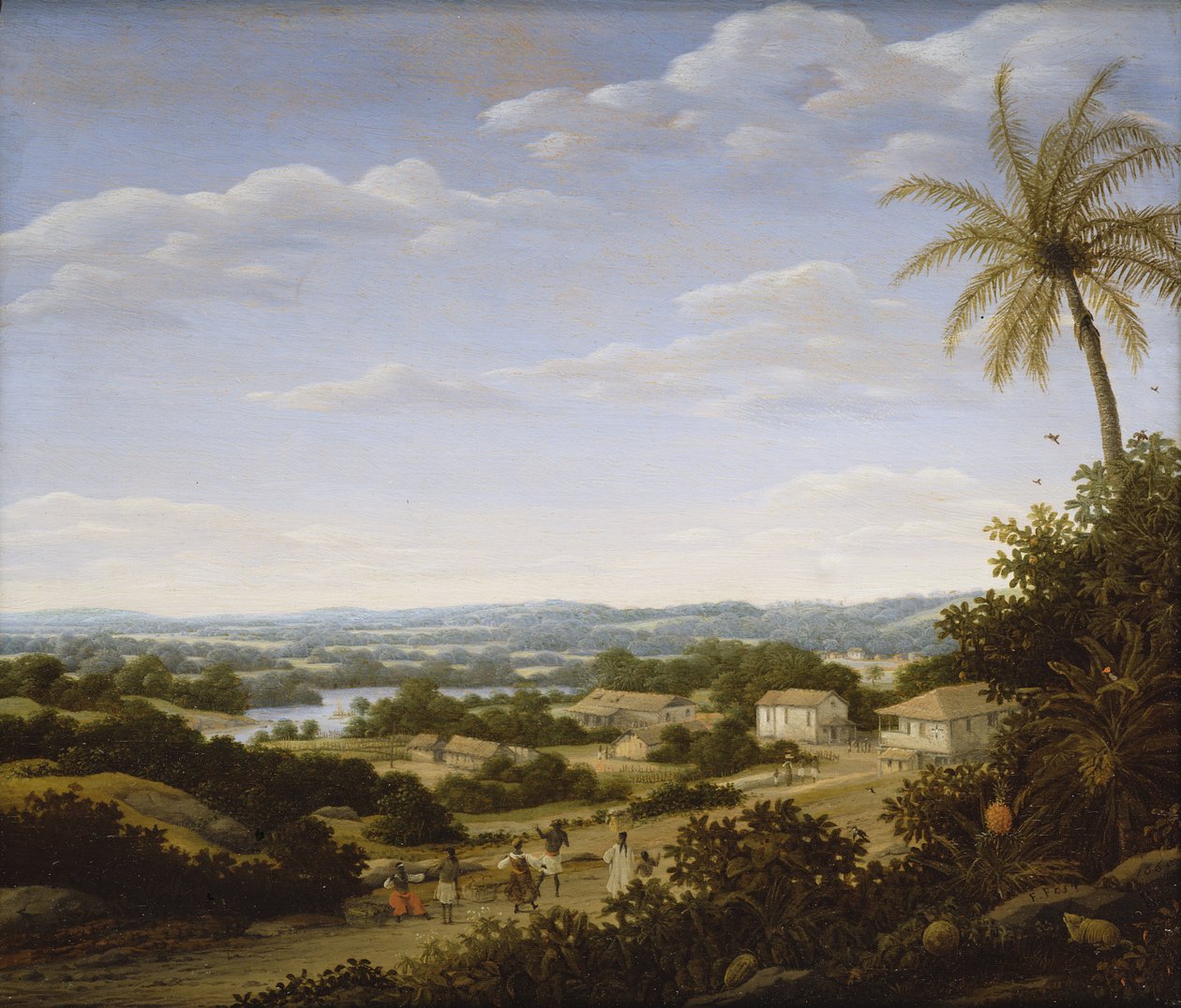 Brasilialainen maisema alkuperäisasukkaineen kylää lähestyvällä tiellä, 1665 tekijältä Frans Post