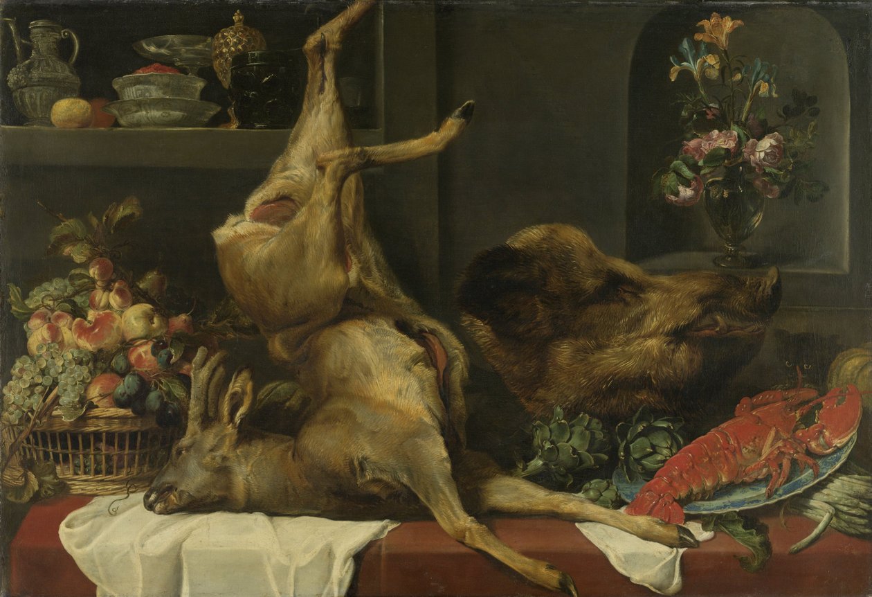 Asetelma suurella kuolleella riistalla, hedelmillä ja kukilla tekijältä Frans Snyders or Snijders
