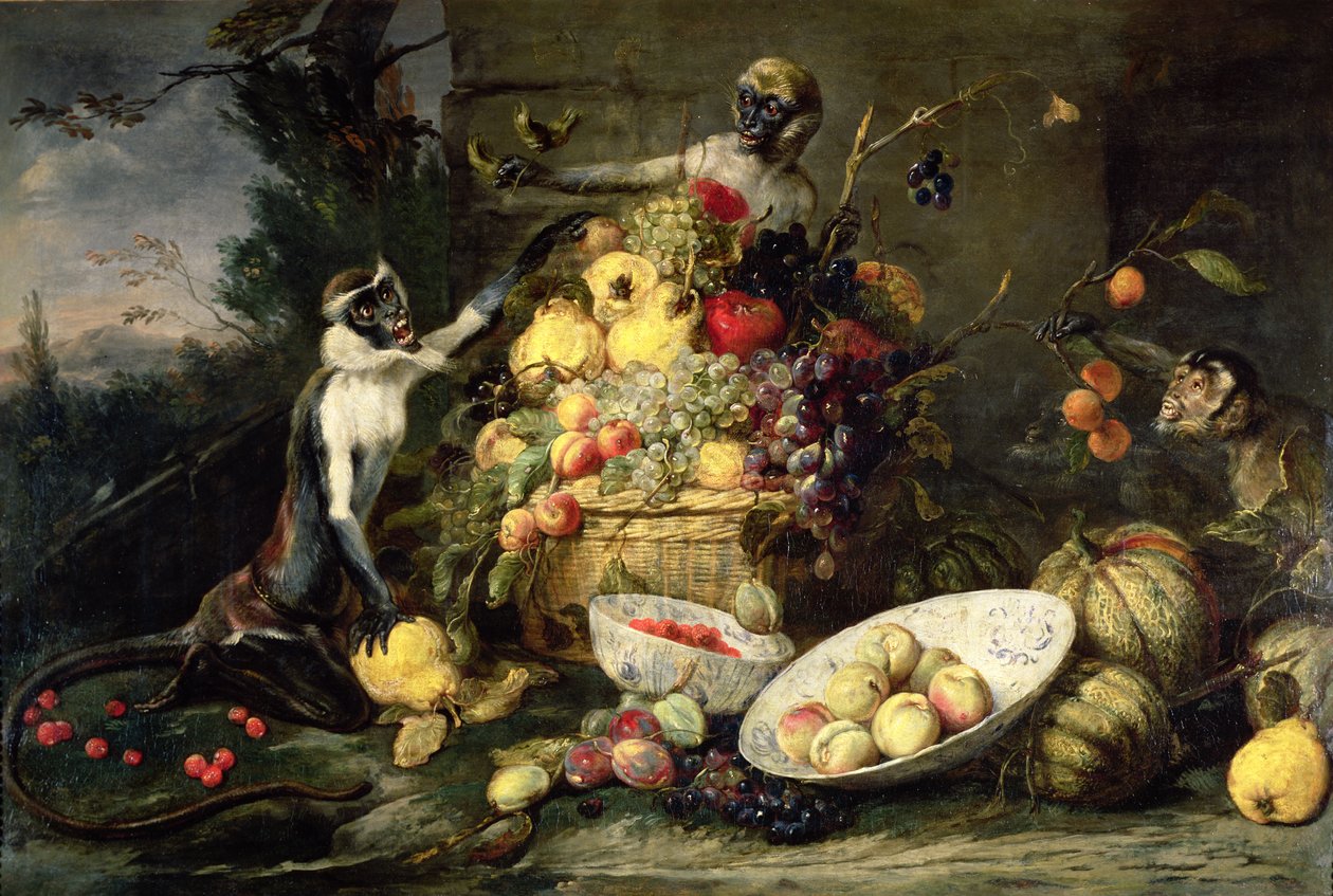 Kolme apinaa varastaa hedelmiä tekijältä Frans Snyders or Snijders