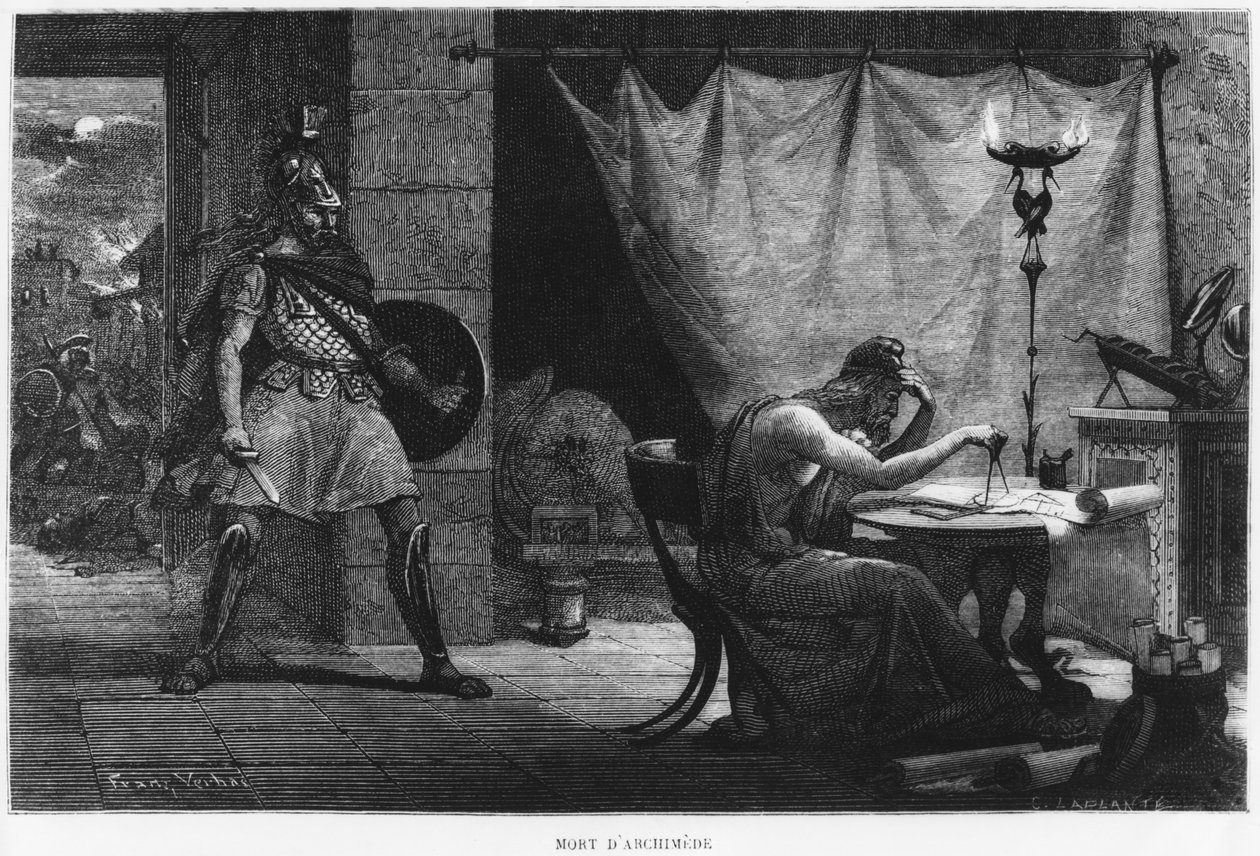Archimedesin kuolema, kuvitus Louis Figuierin teoksesta "La Vie des Savants Illustres", kaiverrus Charles Laplante (k.1903) Paris, julkaistu 1872 tekijältä Jan Frans Verhas