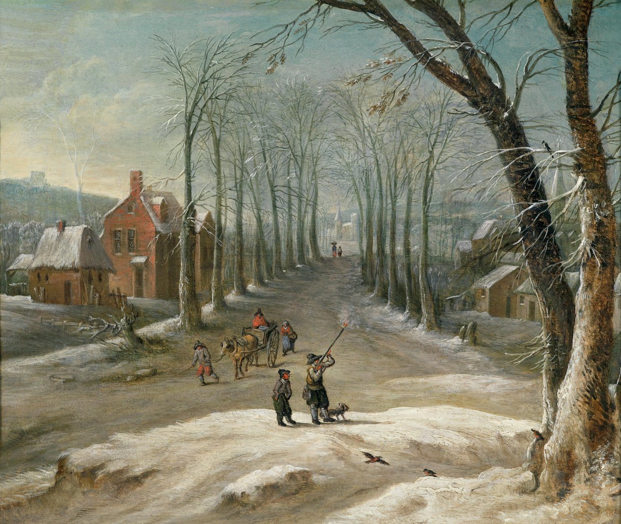Winterlandschaft mit Männern bei der Vogeljagd und Marktkäufern tekijältä Frans de Momper