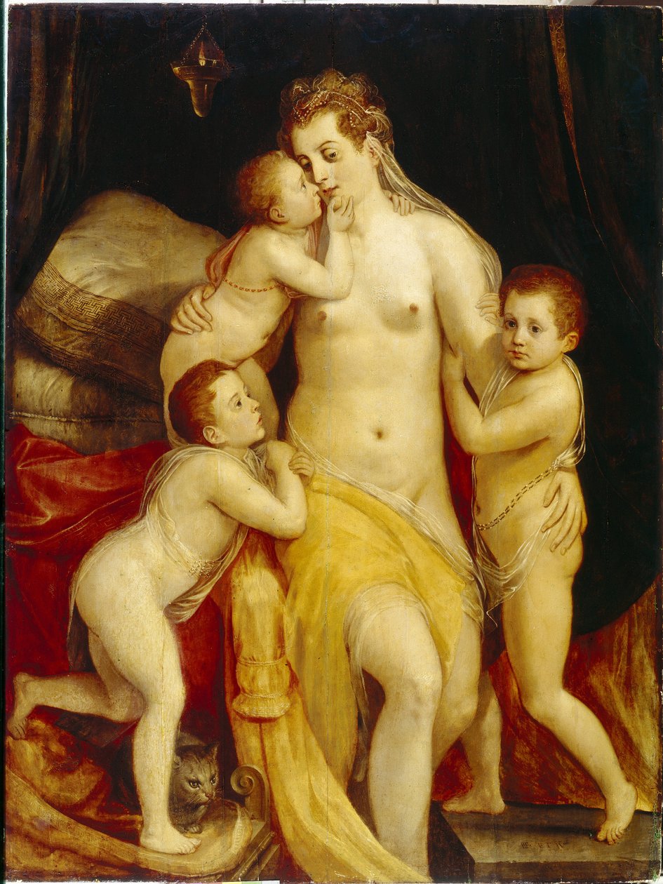 Allegoria rakkaudesta. Kolme myötätuntoisen ilmeen lasta lähestyy hellästi surullista äitiään lohduttaakseen häntä. Frans Floris the Groin (1519-1570) maalaus, öljy puulle. hollantilaista taidetta tekijältä Frans Floris
