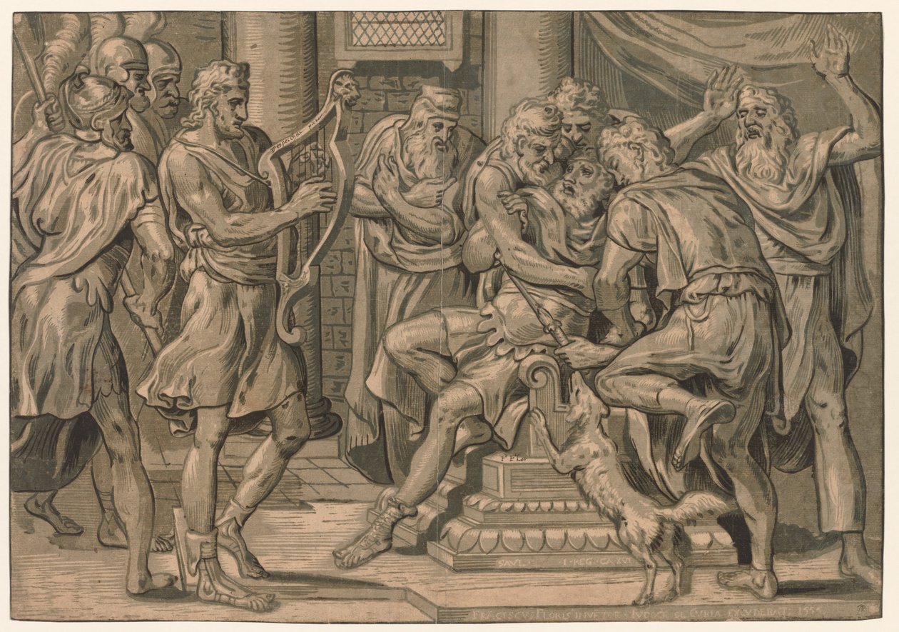 David soittaa harppua Saulin edessä, 1555. tekijältä Frans Floris
