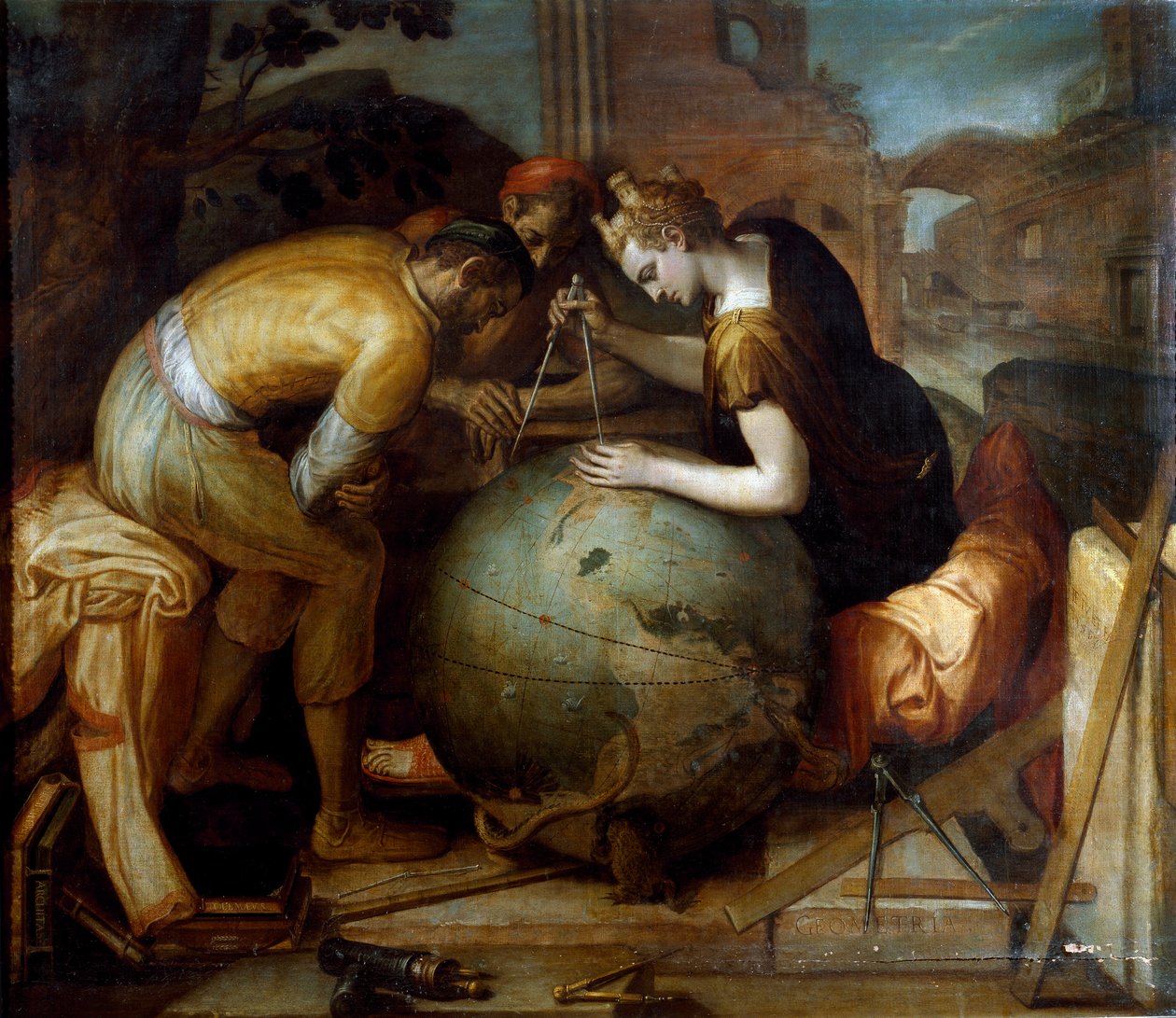 Geometria. Geometrian allegoria ja personifikaatio pitelee komppaa maapallon yläpuolella. Erilaiset geometriset instrumentit on järjestetty etualalla. Frans Florisin (1515-1570) maalaus. flaamilaista taidetta. Yksityinen kokoelma, Genes. tekijältä Frans Floris