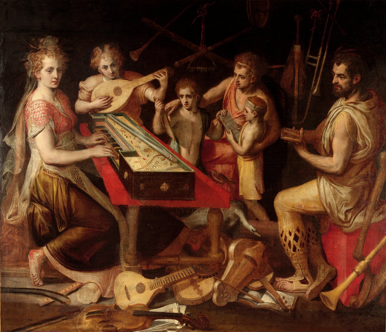 Music Characters vetuksen ikivanha musiikki-instrumenttien ympäristö muodostaa allegorian. Frans Florisin (1515-1570) maalaus 1500-luvulta Geenit, yksityinen kokoelma tekijältä Frans Floris