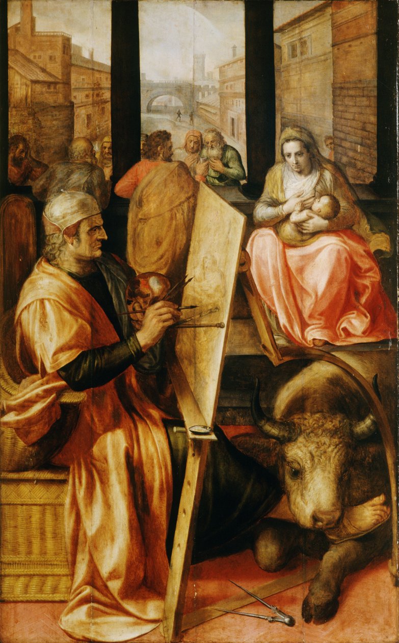 Pyhä Luukas maalasi Neitsyt Marian (öljy paneelissa) tekijältä Frans Floris