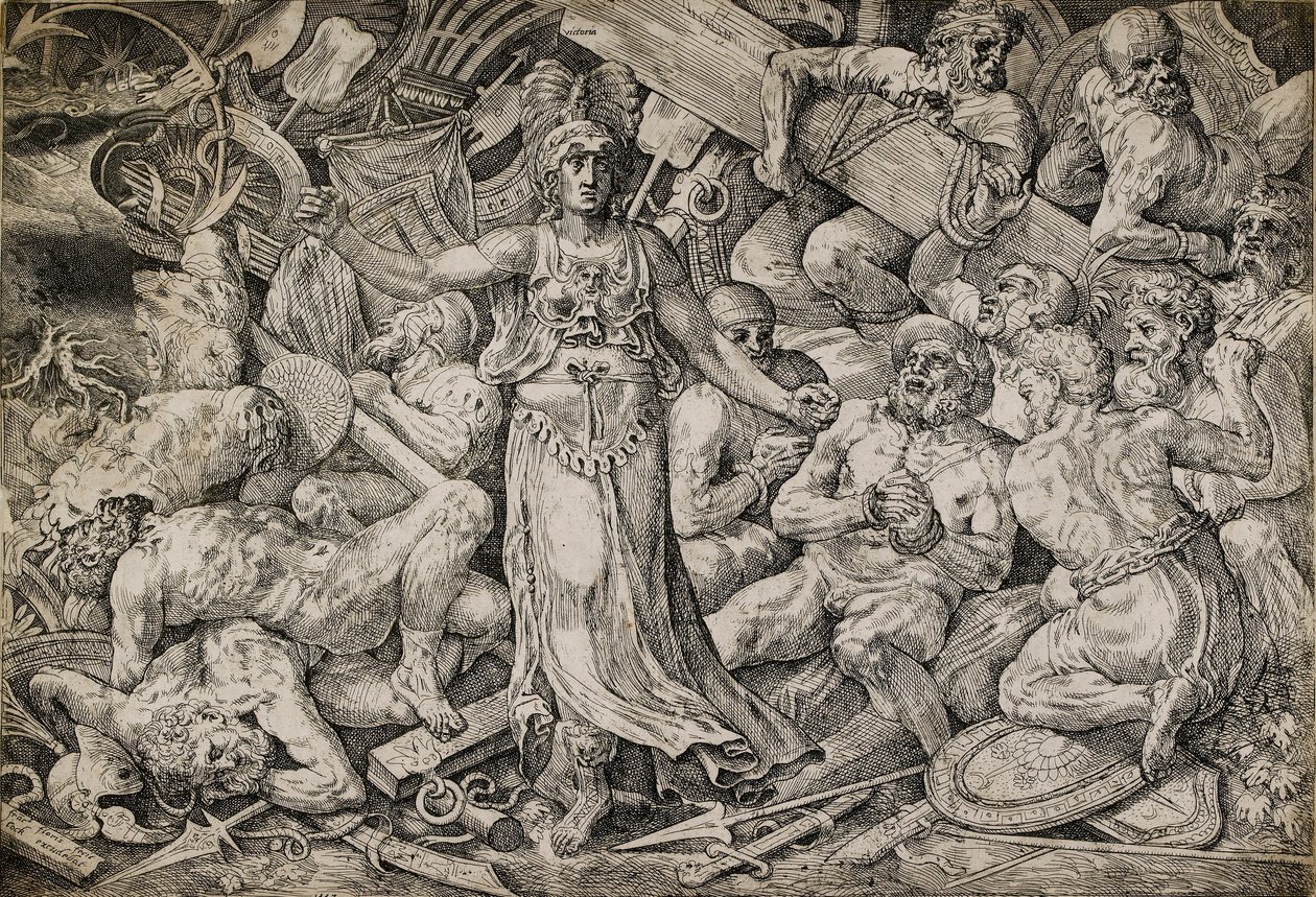 Victoria vankien ja palkintojen ympäröimänä, 1552.Victoria vankien ja palkintojen ympäröimänä, 1552. tekijältä Frans Floris