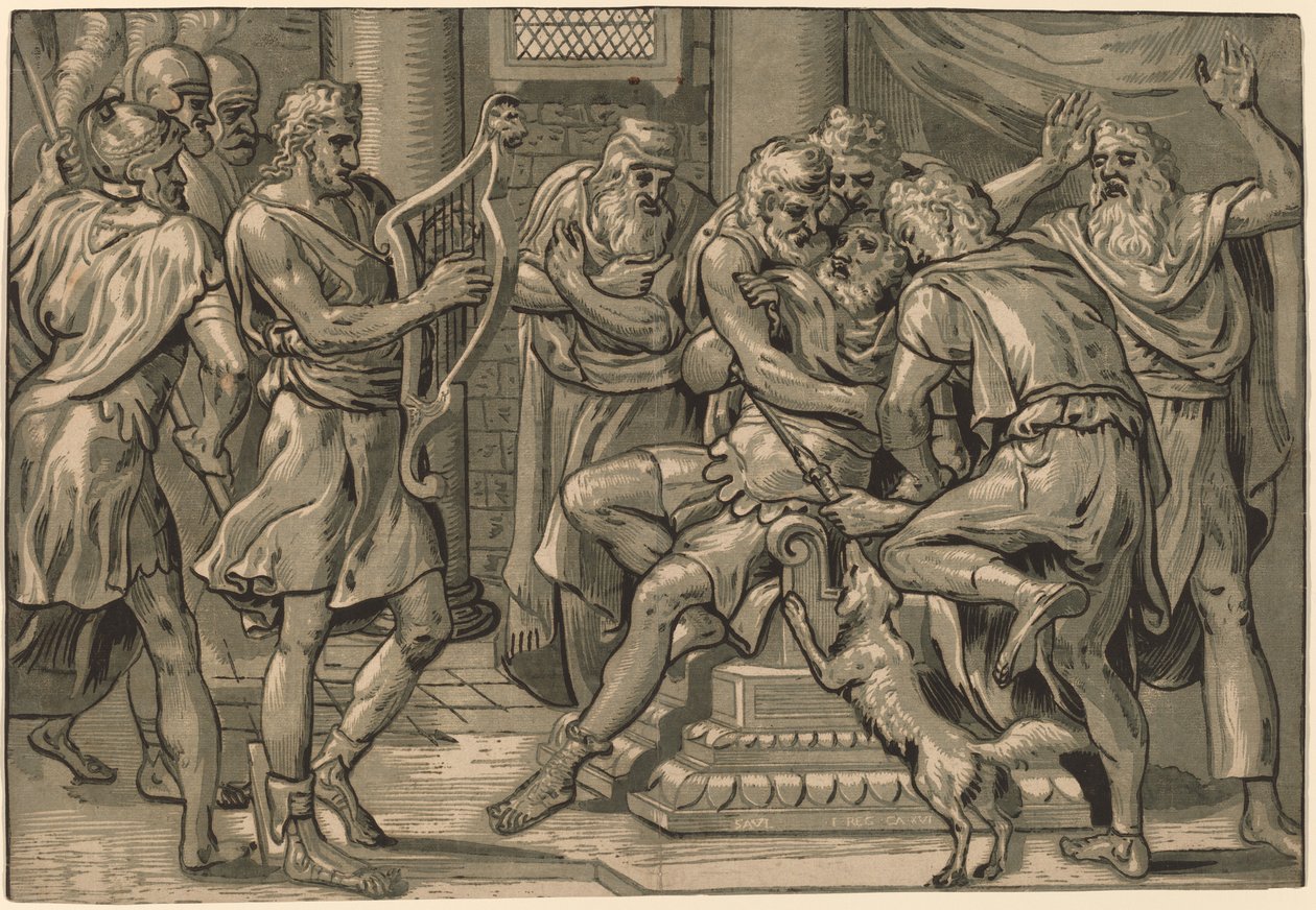 Daavid soittamassa harppua Saulin edessä tekijältä Frans Floris I