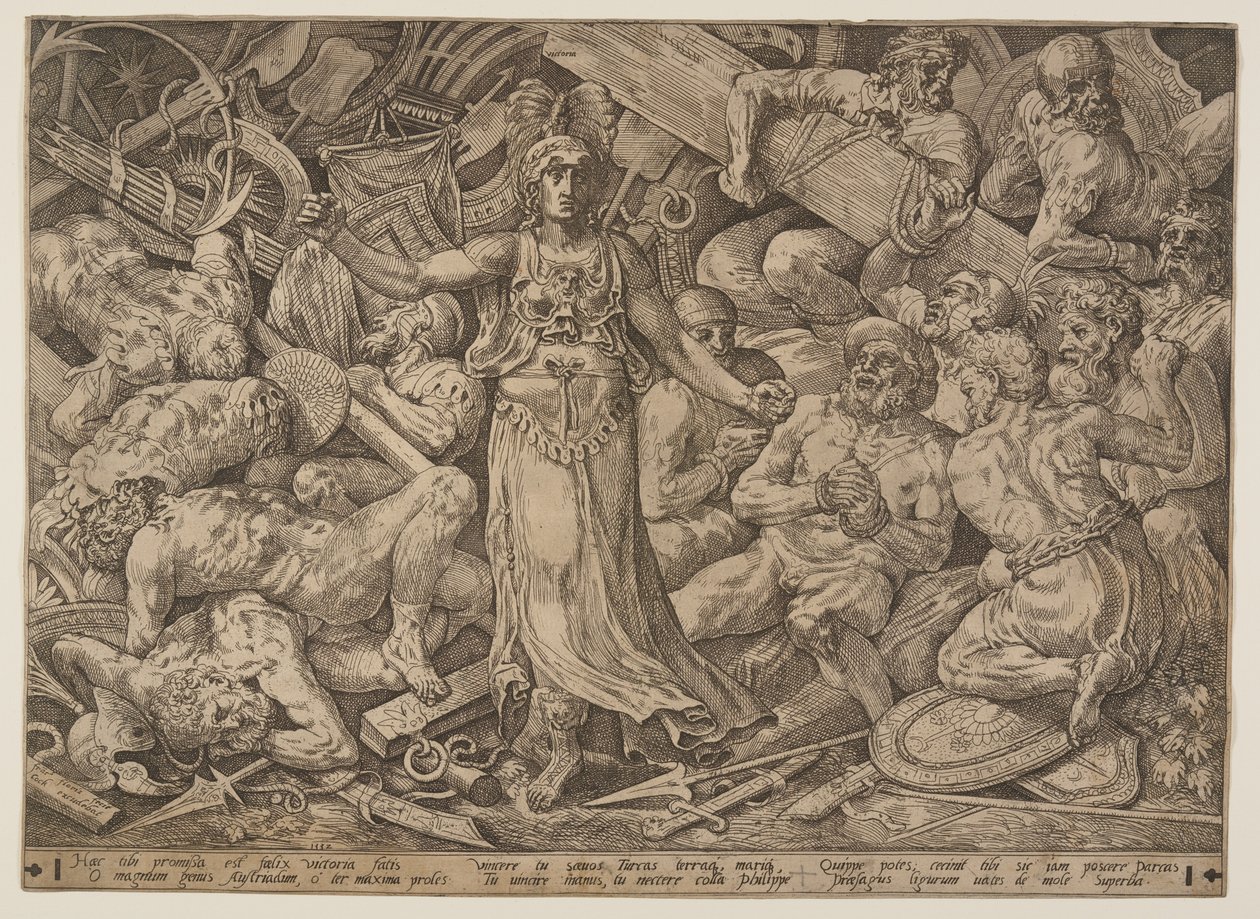 Victoria sotavankien ja sotatrofeiden ympäröimänä tekijältä Frans Floris I