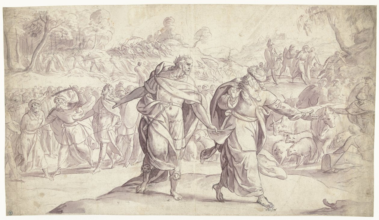 Joosua teloittaa viisi ammonilaisten kuningasta Historia of Joshua (sarjan nimi) tekijältä Frans Francken (I)