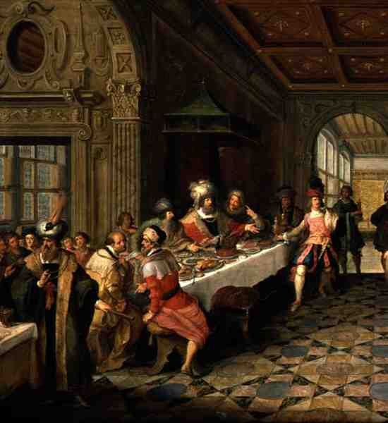 Yksityiskohta Salomen juhlasta, joka esittelee Pyhän Johannes Kastajan pään kuningas Herodekselle tekijältä Frans Francken