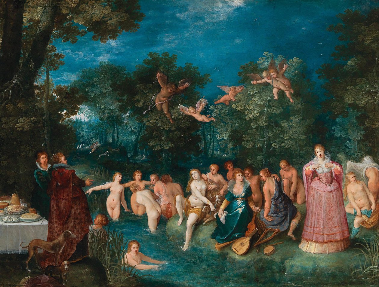 Diana ja hänen nymfinsä kylpemässä, taustalla polttarien metsästys, n. 1606. tekijältä Frans Francken the Younger