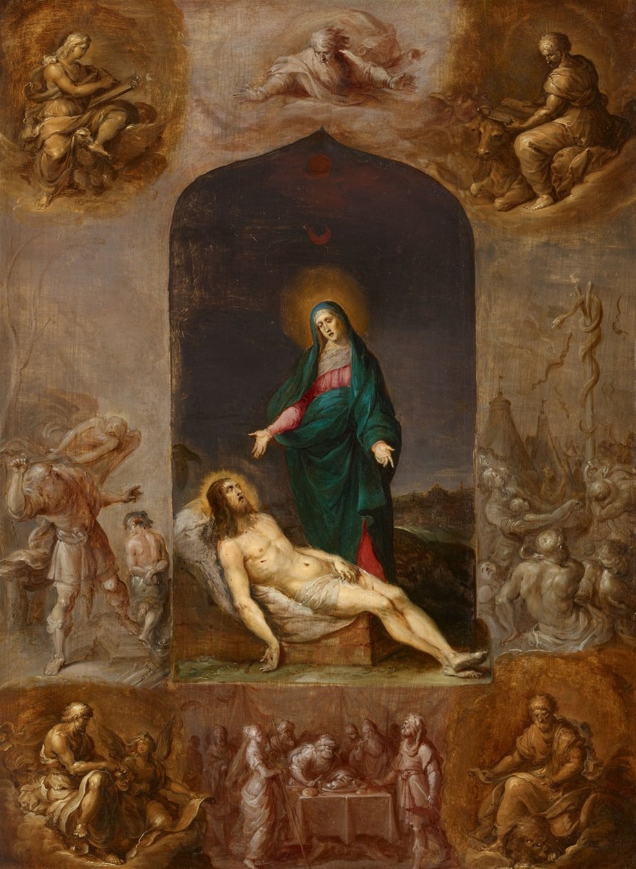 Pietà, jota ympäröivät neljän evankelistan grisaillit ja Vanhan testamentin kohtaukset. tekijältä Frans Francken the Younger