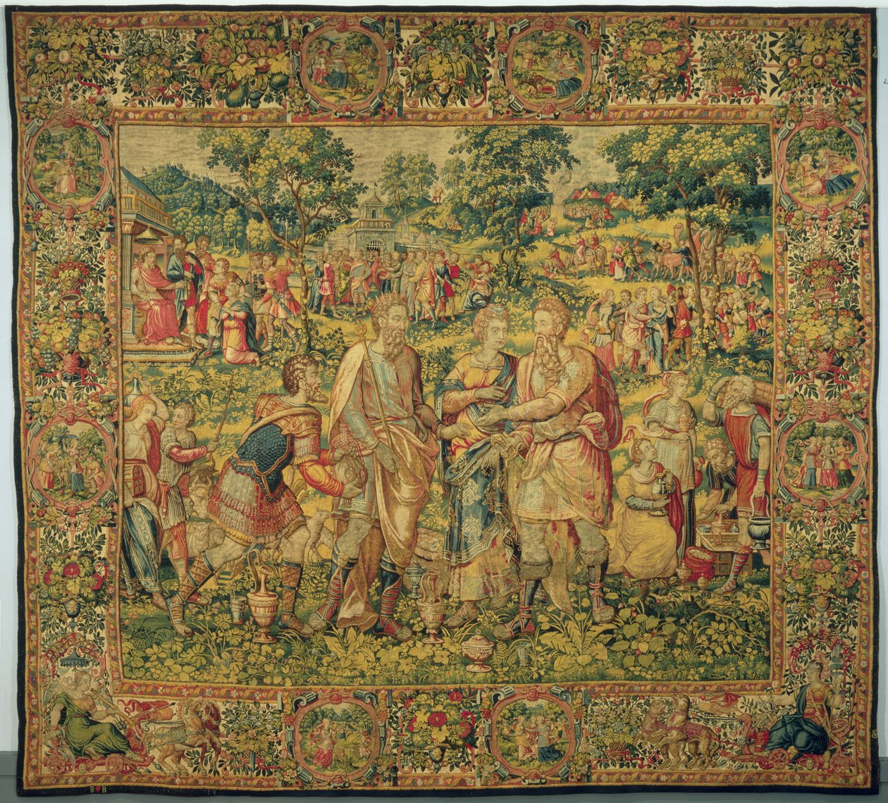 Kuningas Abimelek palauttaa Saaran aviomiehelleen, Abrahamille, 1580 (kudoskudos, villa ja silkki) tekijältä Frans Geubels