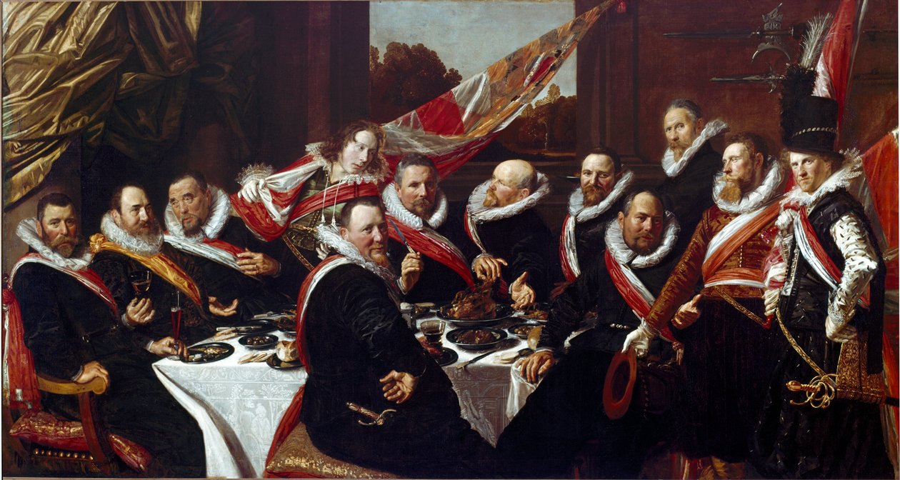 Haarlemin Pyhän Georgen jousimiesjoukon upseerien juhlat Frans Halsin maalaus (n. 1580-1666) 1616 su. 170 x 120 cm Haarlem, Frans Hals Museum, Hollanti tekijältä Frans Hals