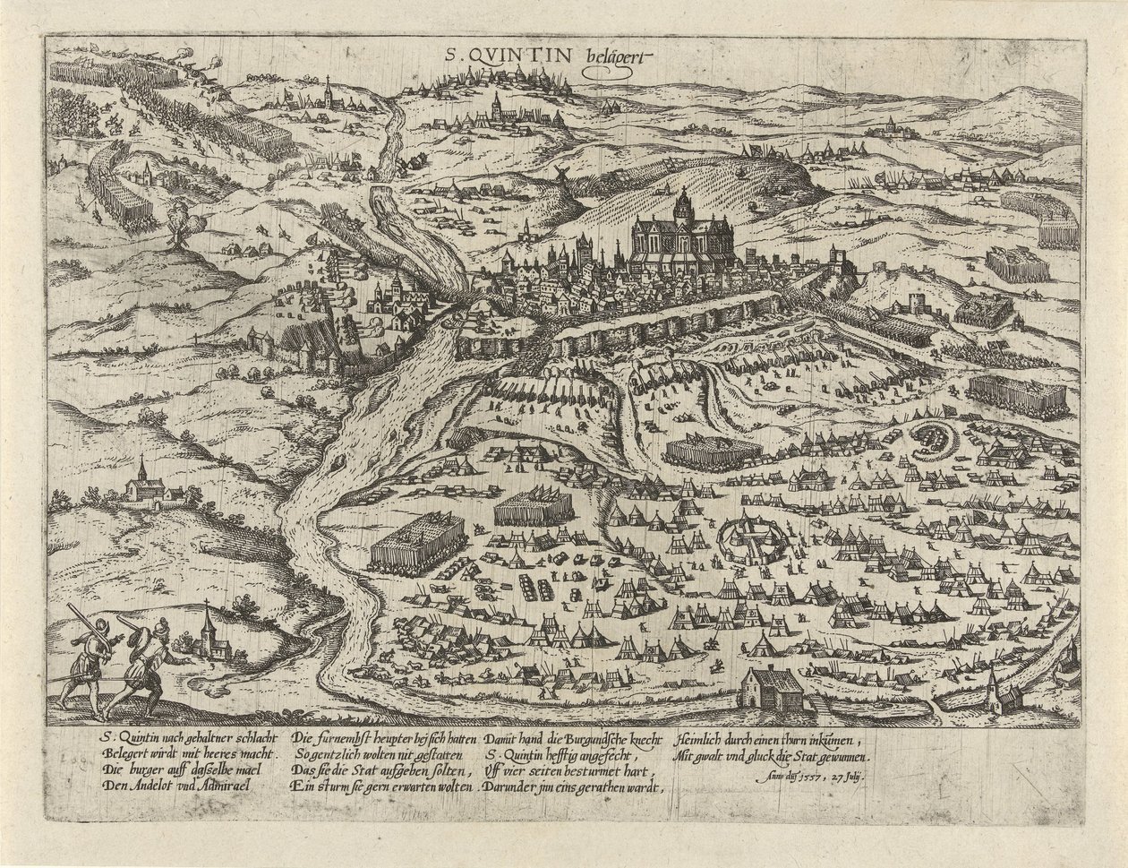 Saint-Quentinin piiritys, 1557 S. Quintin belägert (otsikko esineessä) Sarja 2: Tapahtumat Alankomaissa, 1555-1558 (sarjan nimi) tekijältä Frans Hogenberg