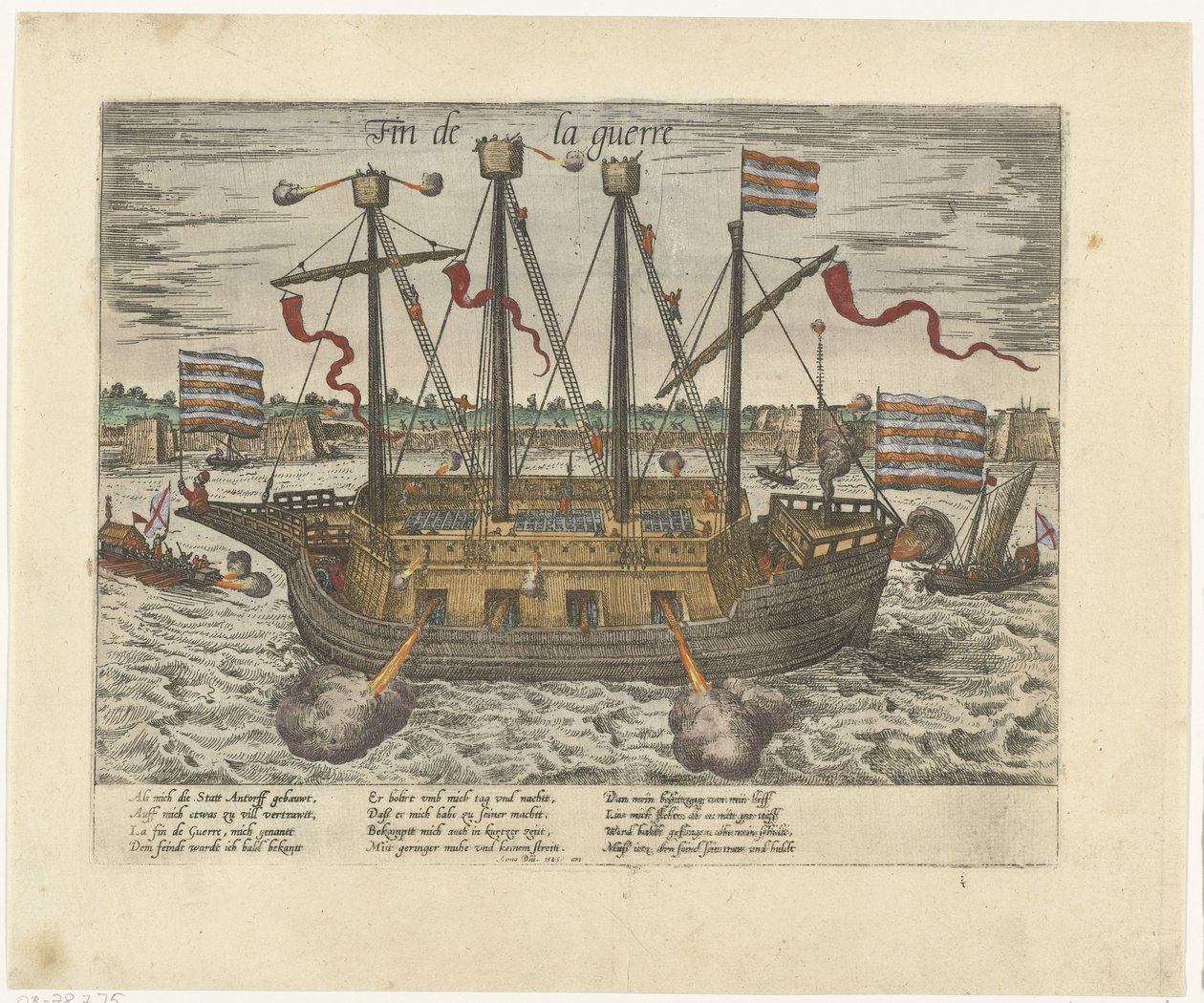Laiva Fin de la guerre, 1585 Fin de la guerre (otsikko esineessä) Sarja 9: Hollannin ja Saksan tapahtumat, 1583-1587 (sarjan nimi) tekijältä Frans Hogenberg