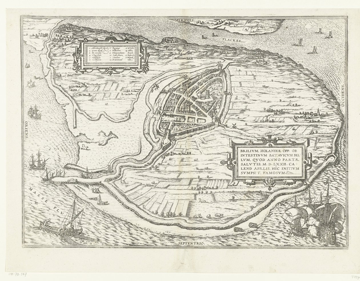 Kaart van het eiland Voorne en plattegrond van Brielle, 1572 Brillium, Hollanti opp. Alankomaiden välisen sodan vuoksi, joka pelastuksen voiton vuonna 72 jKr. huhtikuun helteessä hän aloitti täällä, kuuluisa (otsikko esineessä) tekijältä Frans Hogenberg