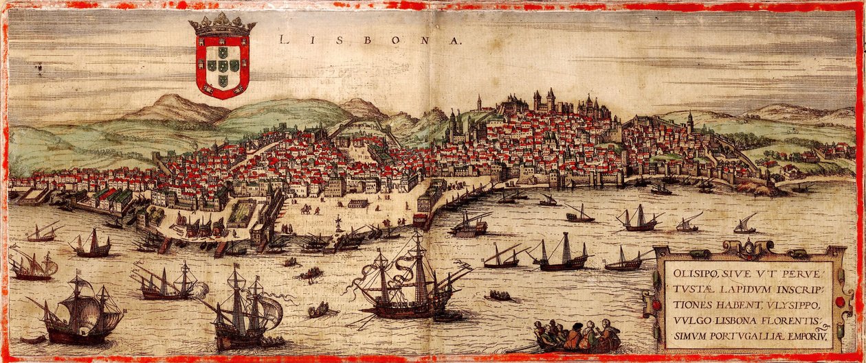Näkymä Lissabonille ja Tejo-joelle alkaen: Maailmankartta, 1572 tekijältä Frans Hogenberg