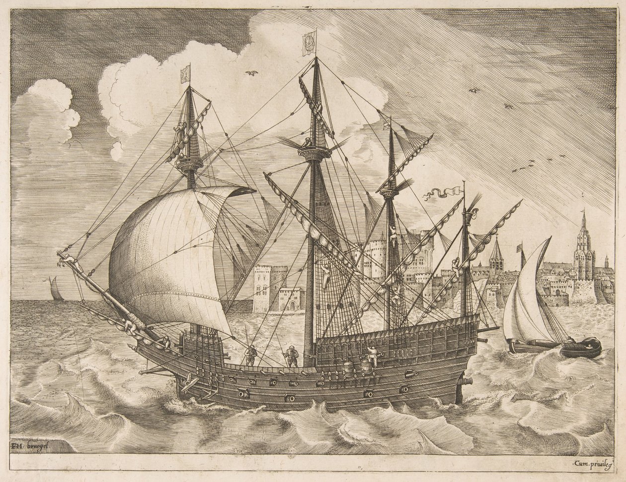 Aseistettu neljän päällikön laskeutuminen merelle purjealuksilta, n. 1555-56. tekijältä Frans Huys