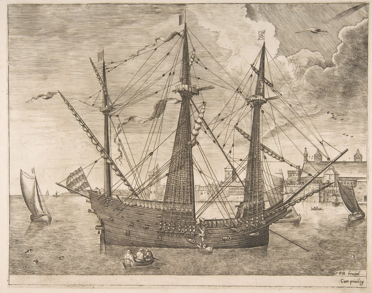 Aseistettu kolmipäällikkö ankkuroituna lähellä kaupunkia purjealuksilta, n. 1555-56. tekijältä Frans Huys