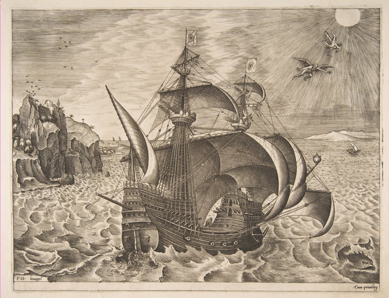 Aseistettu kolmipäällikkö Daedaluksen ja Ikaruksen kanssa taivaassa julkaisusta The Sailing Vessels, 1561-65. tekijältä Frans Huys