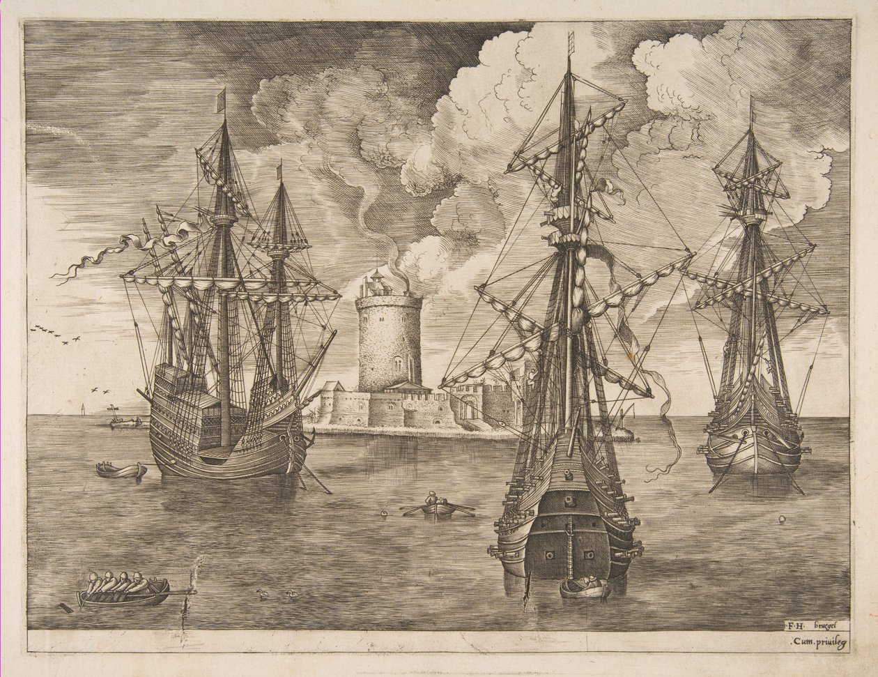 Neljän päällikön vasen ja kaksi kolmen päällikön ankkuroitua lähellä linnoitettua saarta valolla..., 1561-65. tekijältä Frans Huys
