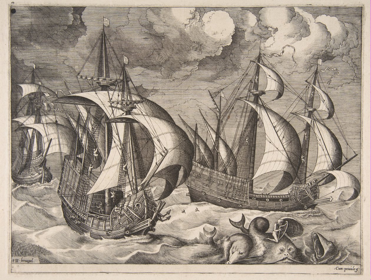 Kolme karavellia nousevassa myrskyssä Arionin kanssa delfiinillä, The Sailing Vessels, 1561-65. tekijältä Frans Huys